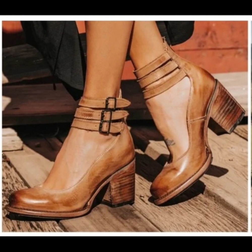freebird Tan Leather Multi-Strap Block Heel Pumps - Picture 2 of 16